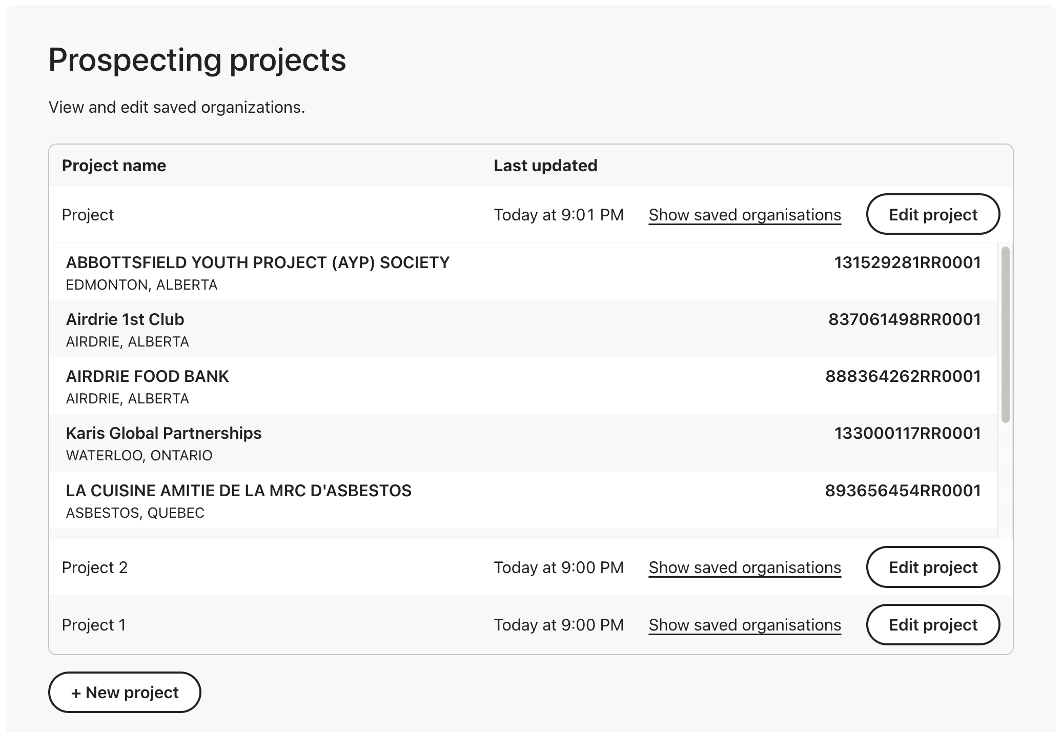 Prospecting projects page listing several projects with their saved organizations, BN numbers, and edit controls.